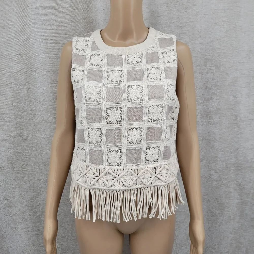 English Factory Elegant Cream Crochet Lace Patchwork Fringe Tank Top